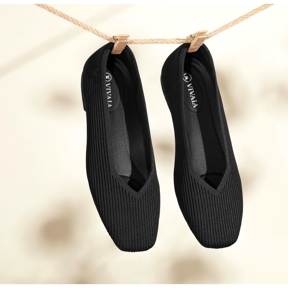 VIVIAI Black Square Toe Flat Ribbed Knit Ballet Margot 2.0 EU 41.5 Womens V Cut